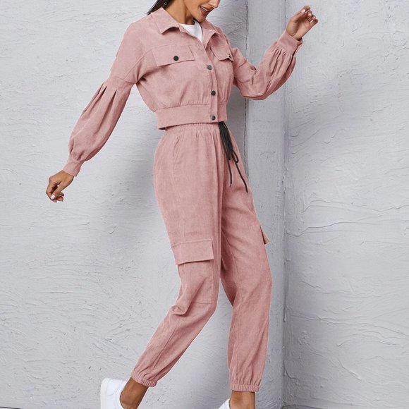 Dusty Pink Boho Womens Corduroy Flap Detail Jacket With Tie Front Cargo Pants - Picture 4 of 5